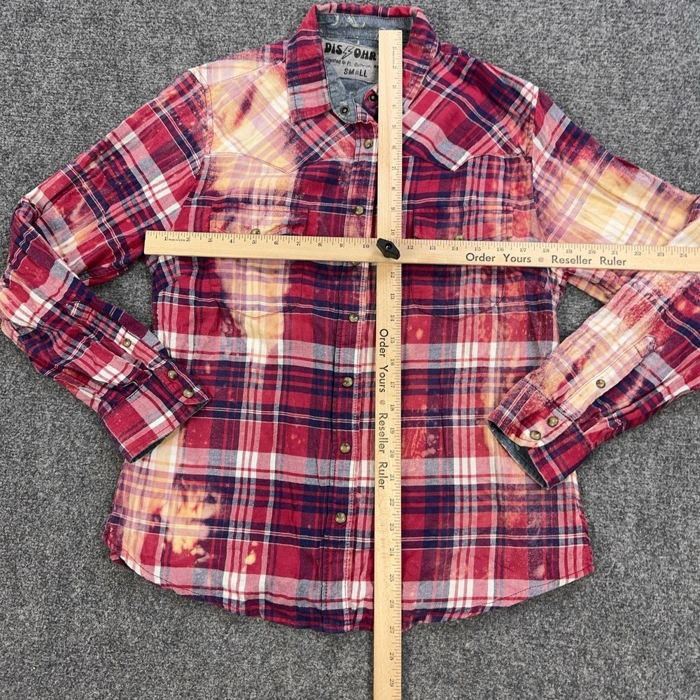 DISOHRTED Shirt Womens S Red Plaid Cotton Flannel Long Sleeve Upcycled Grunge - Picture 4 of 6